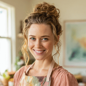 Callie Brooks, the creator of BakeEase, smiling and standing next to a delicious no-bake dessert, representing her brand of simple, no-bake recipes.