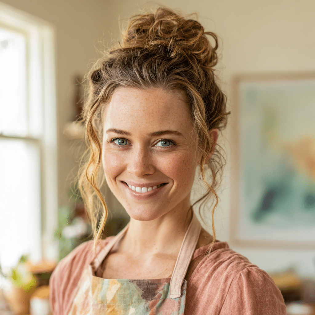 Callie Brooks, the creator of BakeEase, smiling and standing next to a delicious no-bake dessert, representing her brand of simple, no-bake recipes.